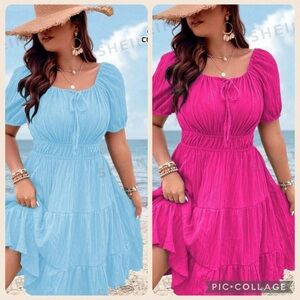 SHEIN Blue and Pink Ruched Puff Sleeve knee length Sundress sz 1x BUNLE of 2
